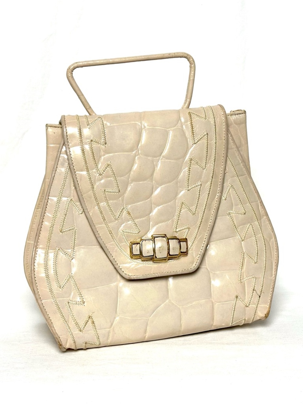 Sharif Legacy Leather Satchel Bag in Cream *Rare Vintage* Crocodile Embossed